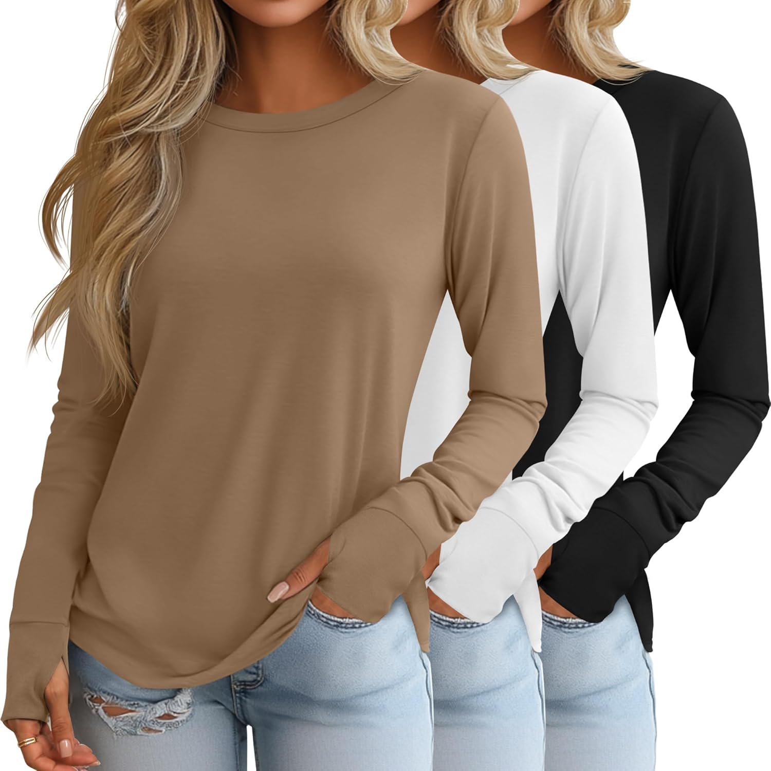 Huukeay 3 Pack Women's Long Sleeve Shirts with Thumb Holes, Cotton Casual Crew Neck Tunic Tops Fall Loose Y2k Trendy Outfits