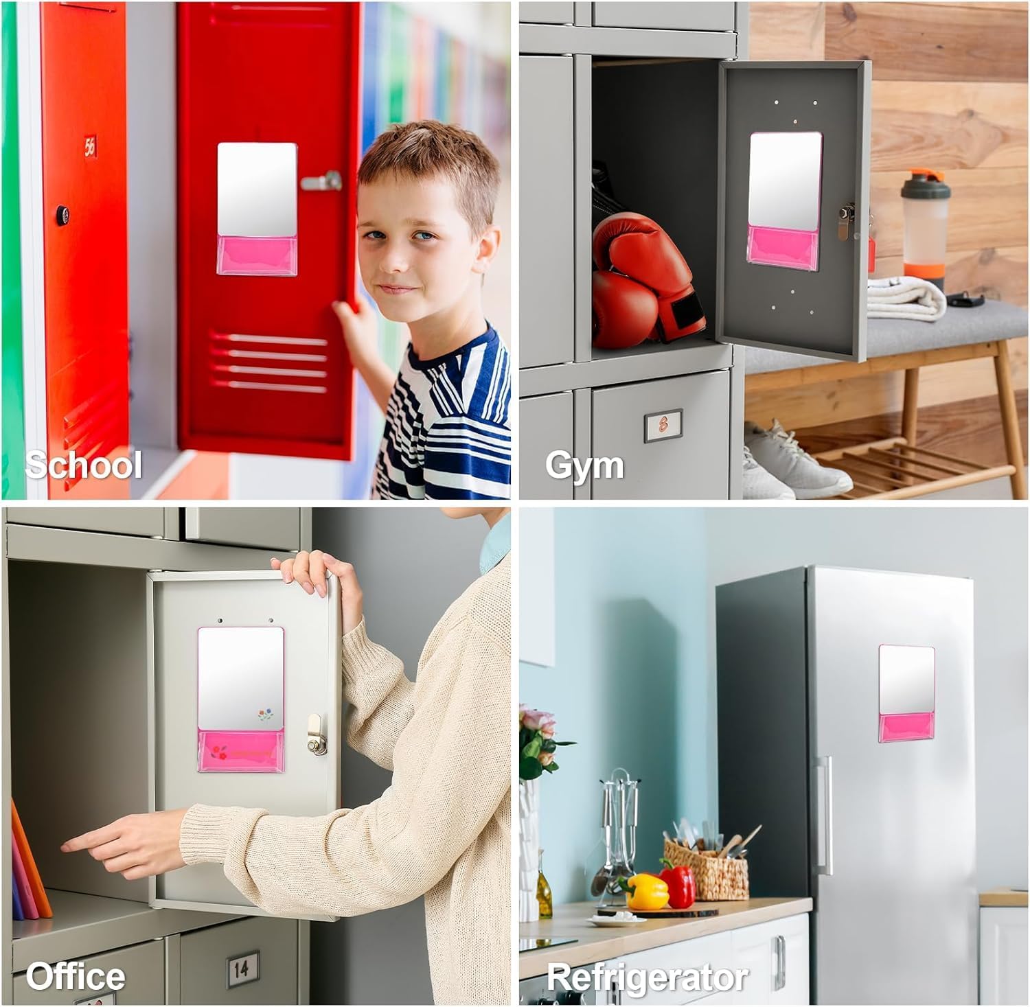 Magnetic Locker Mirror with Storage Bag, 6.7x5.5 Inch Real Glass Mirror, Strong Magnetic Backing, High Definition Reflection, Rounded Safety Edges, Grey and Pink (1, Pink) image 4