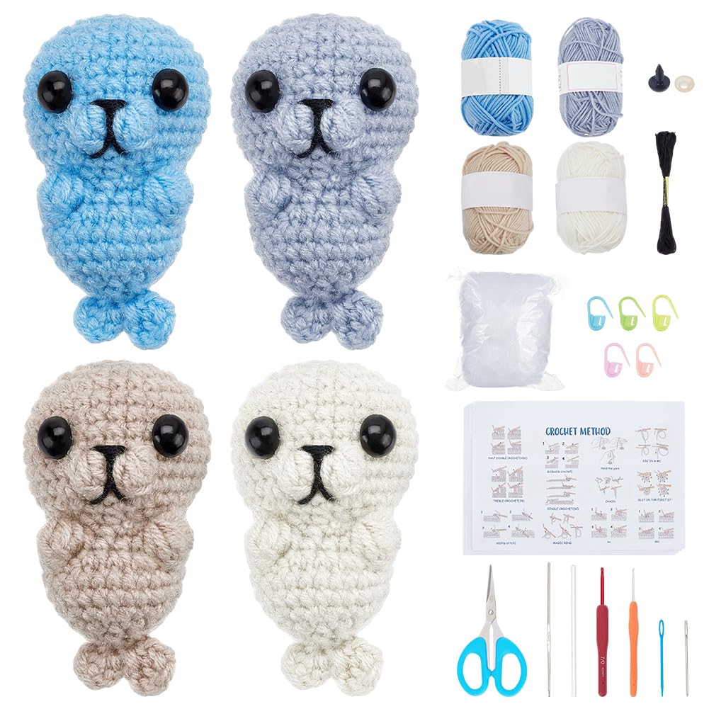 ACRNIGHEET Kit de ganchillo para principiantes, kit de iniciación de ganchillo, kit de regalo para hacer 4 sellos, kit de punto para adultos, amigurumis, manualidades, tejer ganchillo, kits de