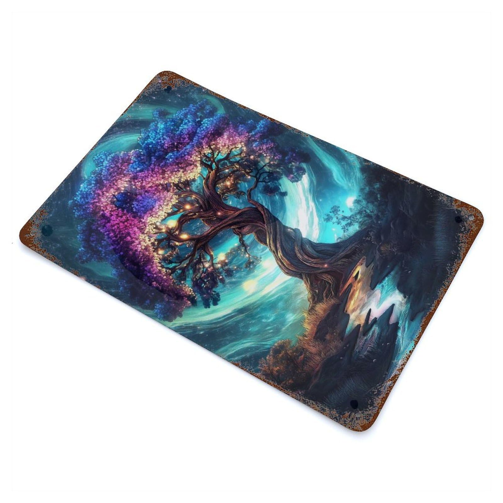Aged Metal Wall Plaque with Mystical Tree of Light Design 11.8"x7.9", for Garage, Bar And Workshop Decor, Rustic Home Decor