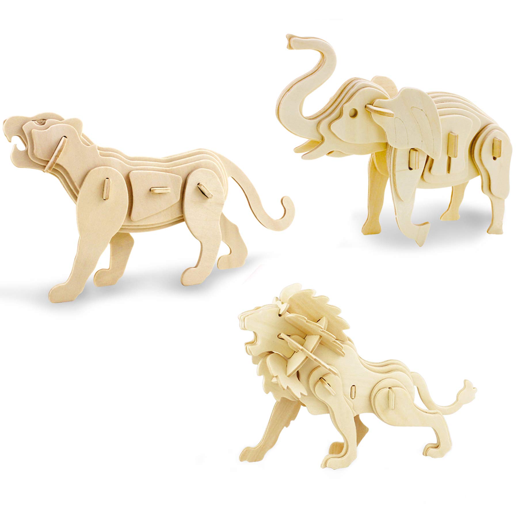Georgie Porgy Hölzerne 3D Puzzle Sammlung Puzzle Modell Kit Baukasten Holzhandwerk Kinder Puzzle Spielzeug Packung 3 (Elefant Löwe Tiger)