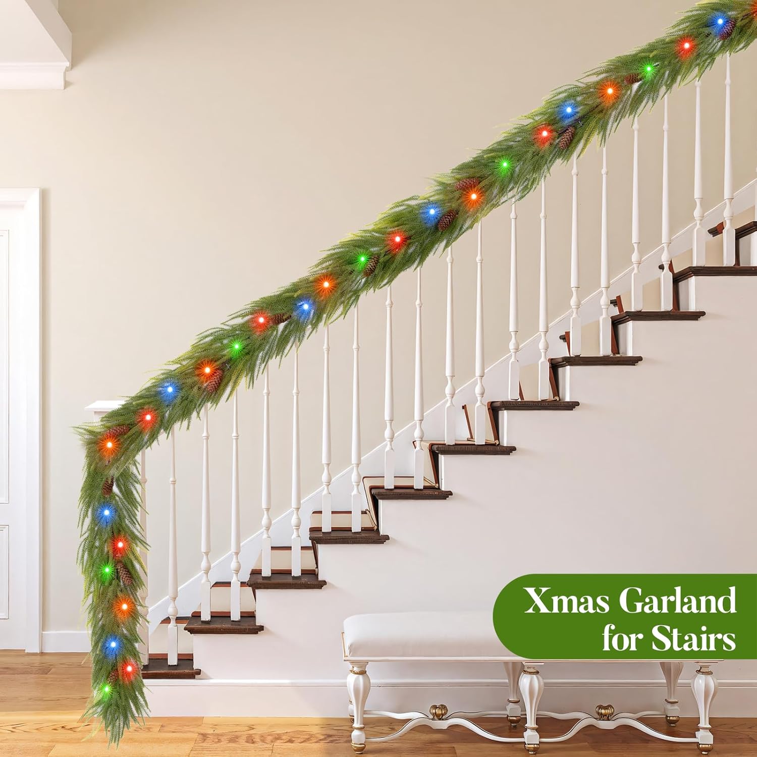 9FT Norfolk Pine Garland with Lights, Lighted Christmas Garland with Timer & 8 Lights Modes- Prelit Battery Operated Pine Garland with Pinecones for Mantle Table Fireplace Door Staircase Decorations