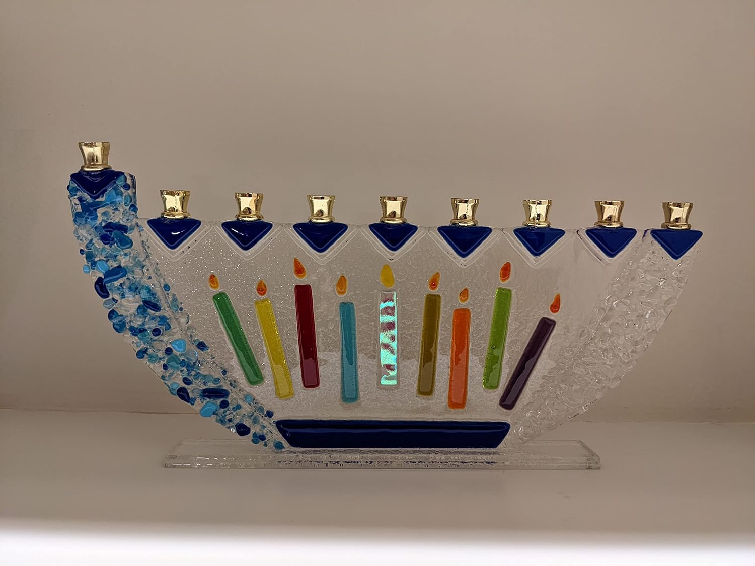 Hanukkah candles glass fused menorah, Jewish wedding gift, colorful candles, free standing tall traditional menorah by YafitGlass
