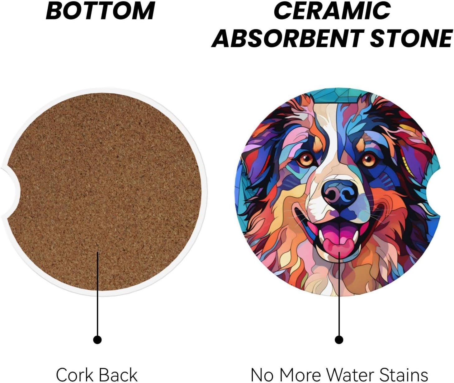 Australian Shepherd Stained Dog Breed Glass Art Ceramic Car Cup Holder Coasters 2 Pcs, Anti Slip Removable image 2