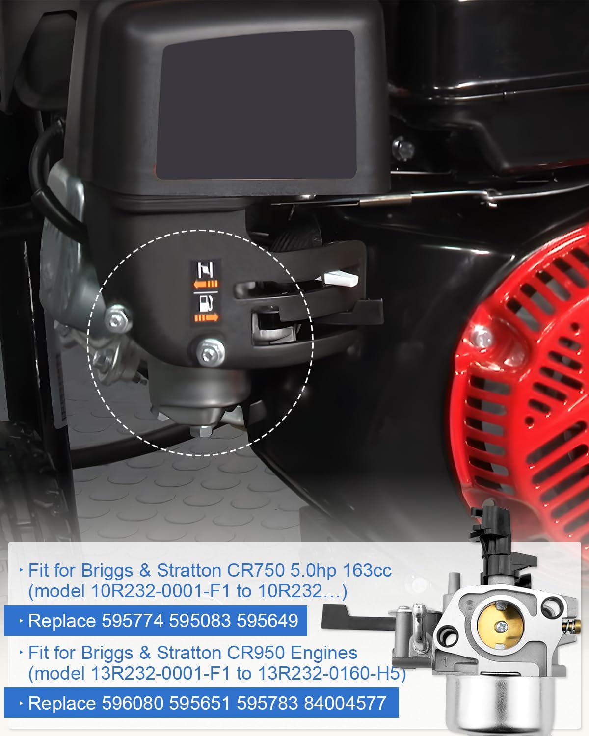 CR950 XR950 Carburetor Kit Fit for Briggs & Stratton CR750 CR950 163cc 208cc Pressure Washer Carb Replace 595774 595083 595649 596080 595651 595783 84004577