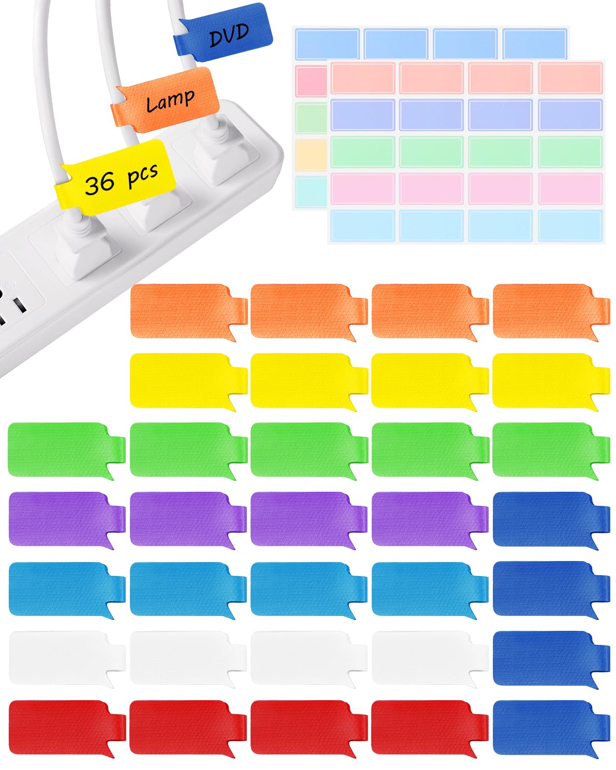 36-Pack Large Cable Labels with 40 Write-On Stickers Reusable 8-Color Wire Tags for Electronics Cord ID Cable Management