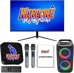Karaoke Party Box Preto Profissional Completo +Monitor +Caixa De Som +2 Microfones Sem Fio +Catálogo De Músicas Impresso