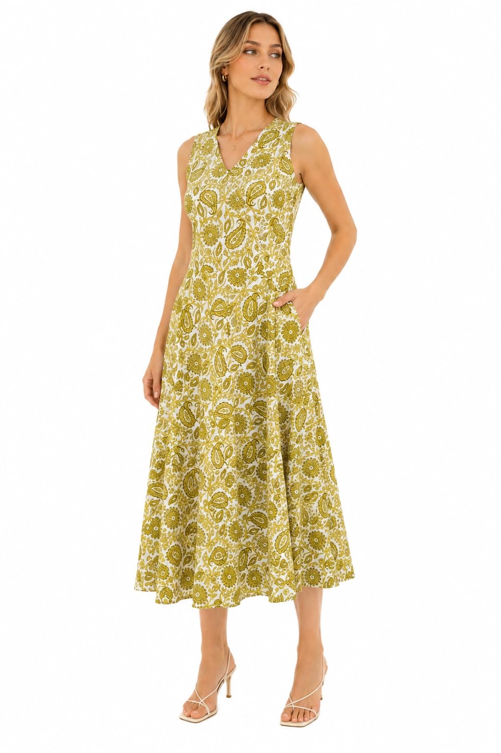 jaipur hand block Women's Hand Printed Cotton Dress | Sleeveless V-Neck Flared, Floral, Paisley, Midi Dress | Comfortable Summer & Holiday Wear-picture-39