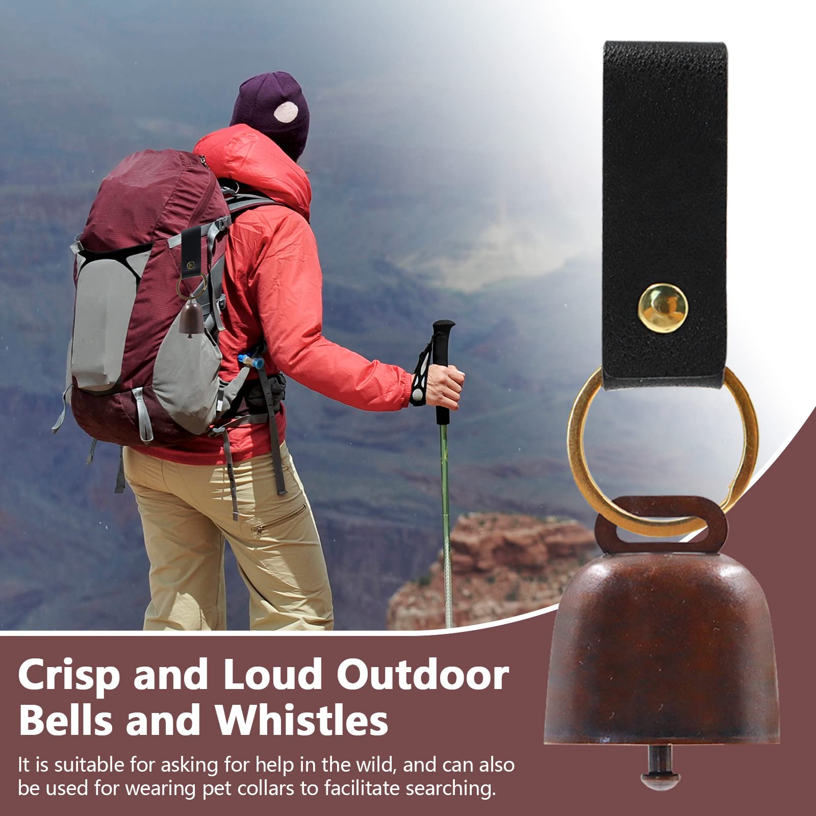 4Pcs Loud Bear Bells with Whistles and PU Leather Keychains, Bear Bells for Hiking and Loud Hiking Whistles, Cow Bells, Dog Bells, Safety Whistle for Camping Hiking Outdoor (Copper)
