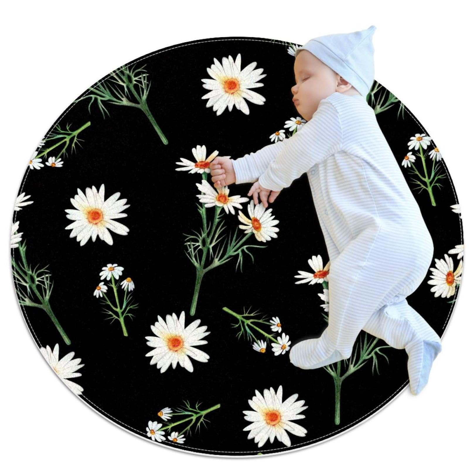 Tapis de salle de bain camomille rond 1m de diamètre antidérapant fond sombre