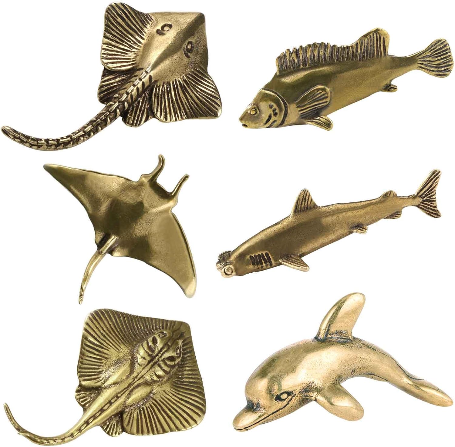 SnowOwl Gold Manta Rays and Fish Statues Sculpture Solid Metal Ornament Mini Animal Figurine for Home Office Garden Desktop Decor 6PCS (Bronze6-11)
