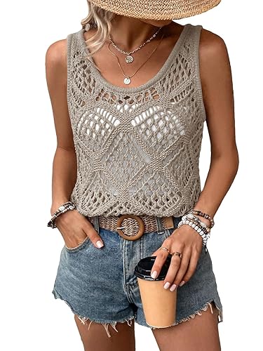 Imily Bela Womens Summer Crochet Tank Tops Knit Sleeveless Scoop
