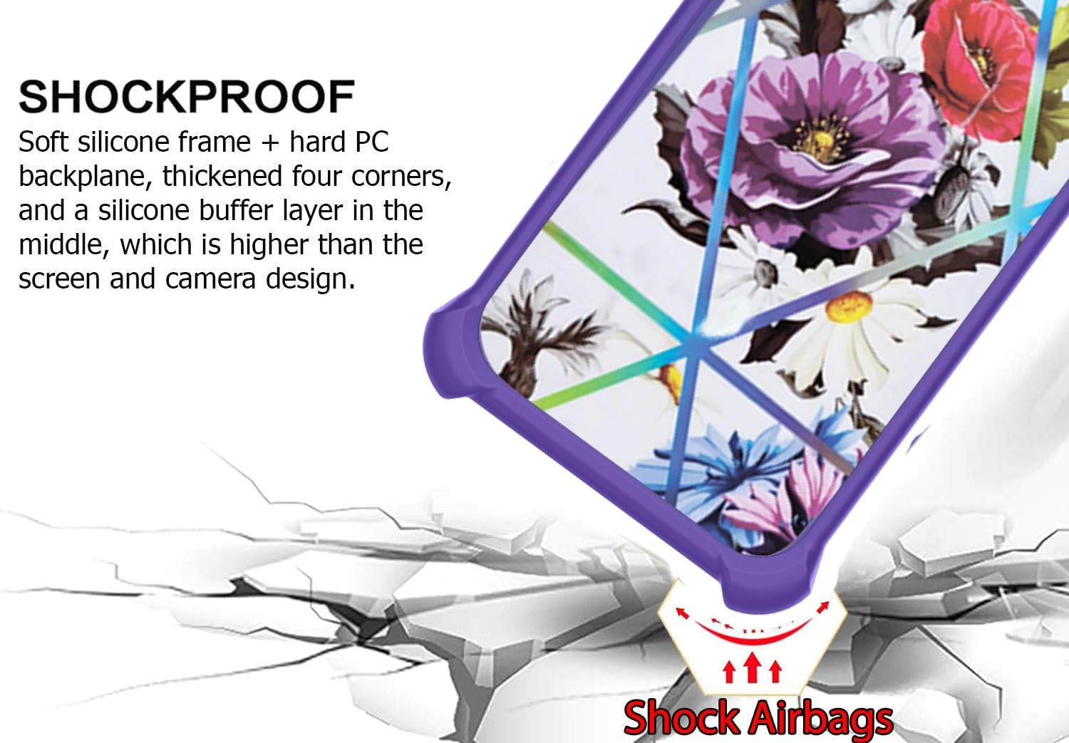 Close-up of the phone case corner showing 'Shock Airbags' and a diagram of impact absorption.