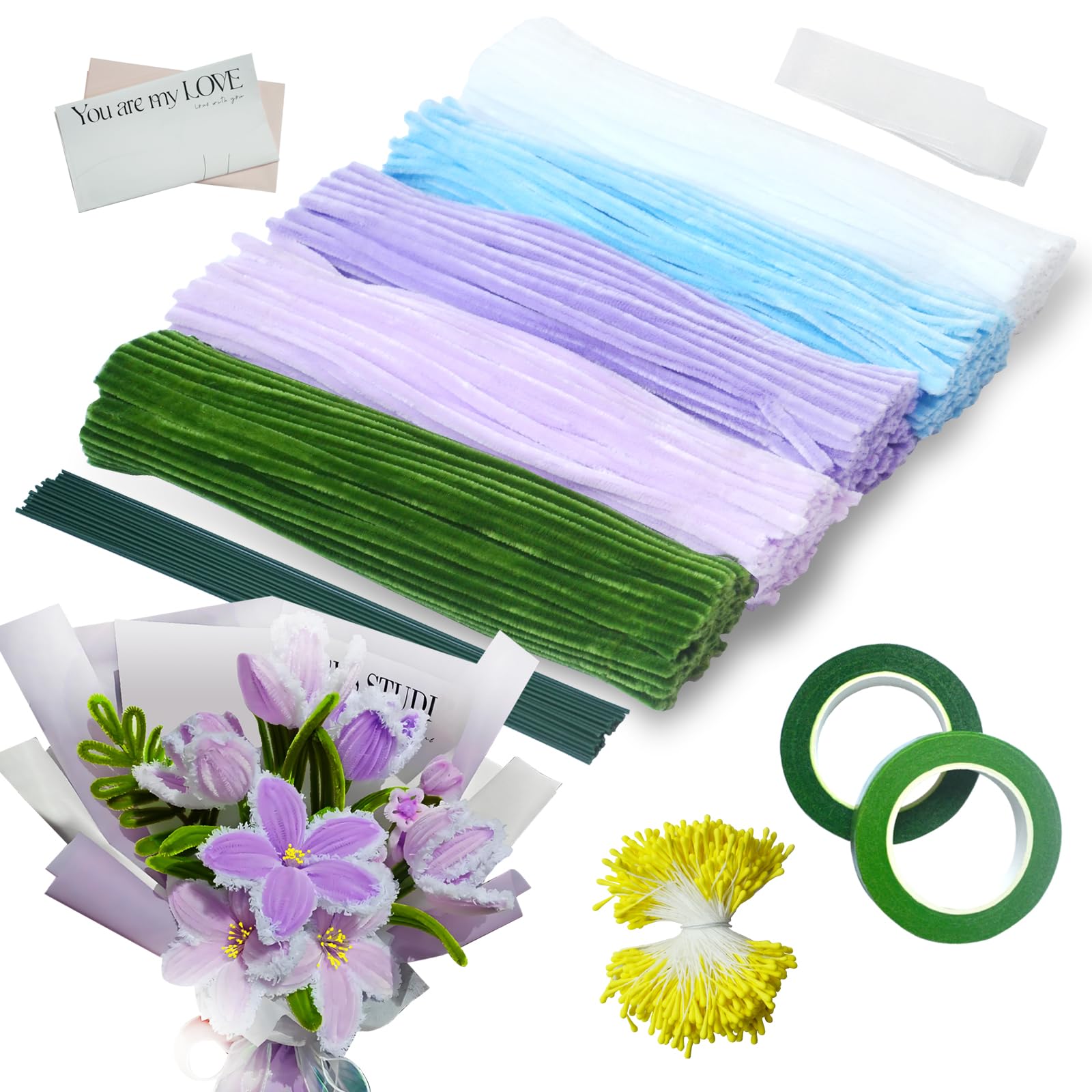 Ezitruz 500 Pcs Pipe Cleaners for Craft Set, 5 Assorted Colors Pipe Cleaners with Stamens, Flower Stems, Floral Tape, Flower Bags, Ribbon for DIY Craft Tulip Bouquet Handmade Gift Decor(Purple)