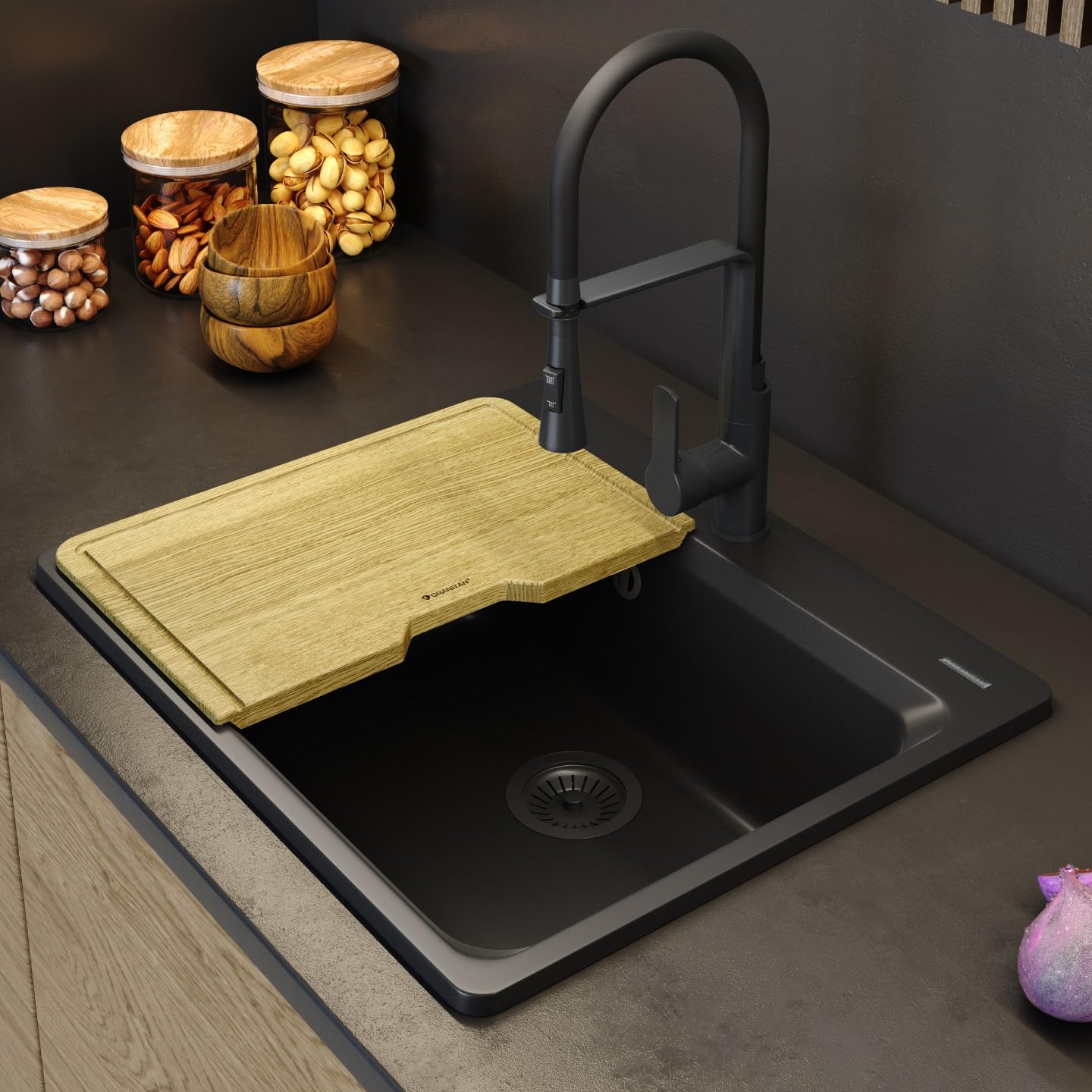 Granitan - ZANTE zlewozmywak granitowy 1 umywalka z płyty dębowej - higieniczny i elegancki - 80% granit - w zestawie impregnat GraniProtect - w kolorze czarnym - wytrzymały syfon chromowany
