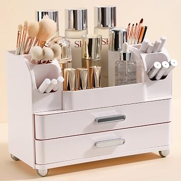 Anyoifax Makeup Organizer Countertop with Large Drawers, All White | Vanity Organizer with Brush Holder, Skin Care Storage for Dresser, Perfume Organizer for Lotion, Lipsitck, Palette
