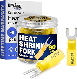 New Age America® 90pcs #10 Heat Shrink Fork Connectors KableSeal™ | AWG 12-10 | Marine Grade Fork Terminals | Tinned Copper Terminals for Wiring | Spade Style Wire Connectors | Spade Style | UL
