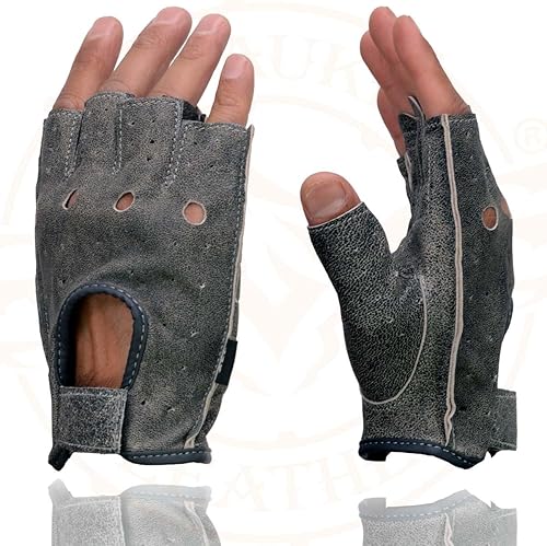 Miniatura 4 de Milwaukee Leather MG7557 - Guantes de mano de motocicleta para hombre, de piel gris, acolchados, sin dedos, con nudillos abiertos y transpirables