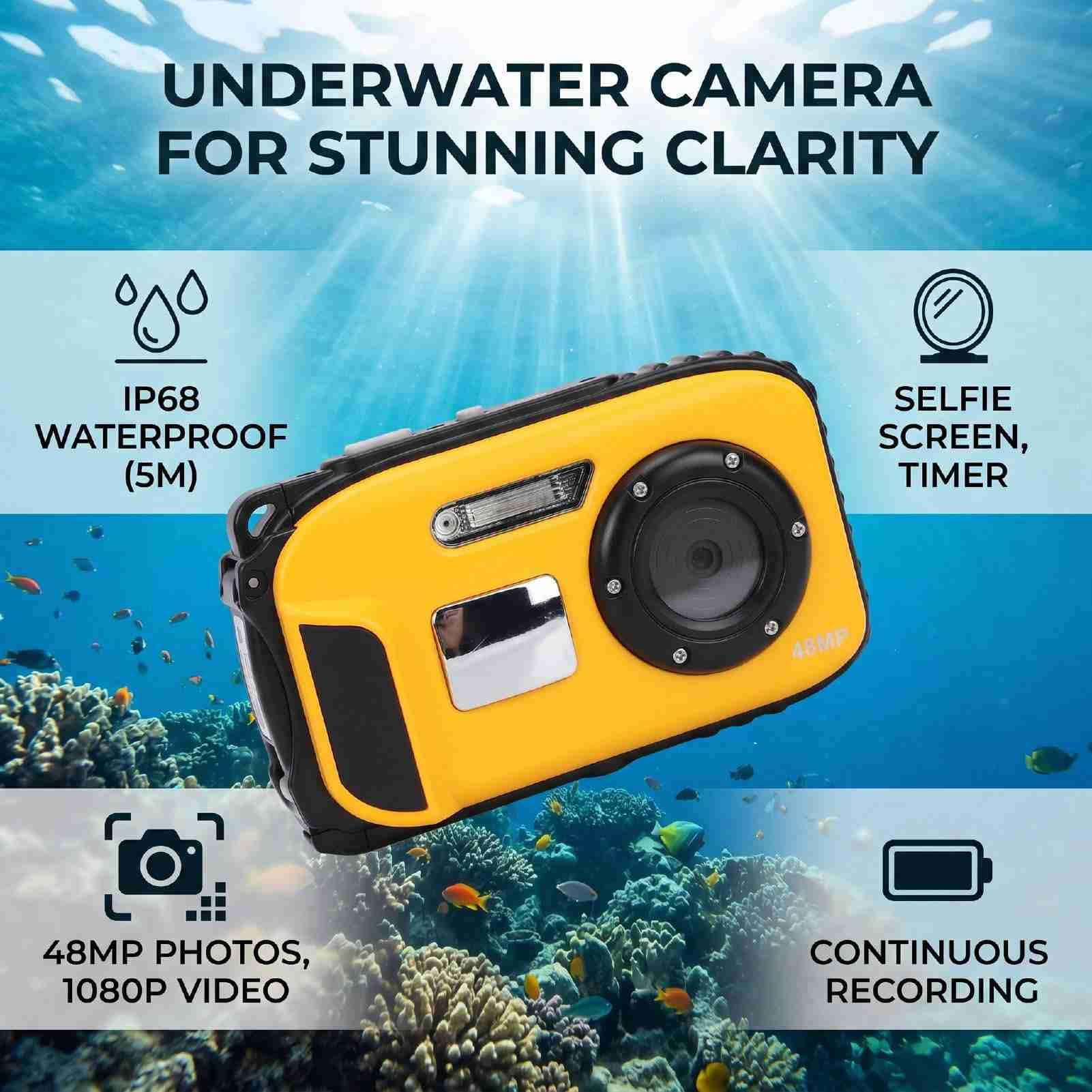 Asixxsix 16FT Telecamera Subacquea, 48MP, IP68, Zoom Digitale 16x (YELLOW)