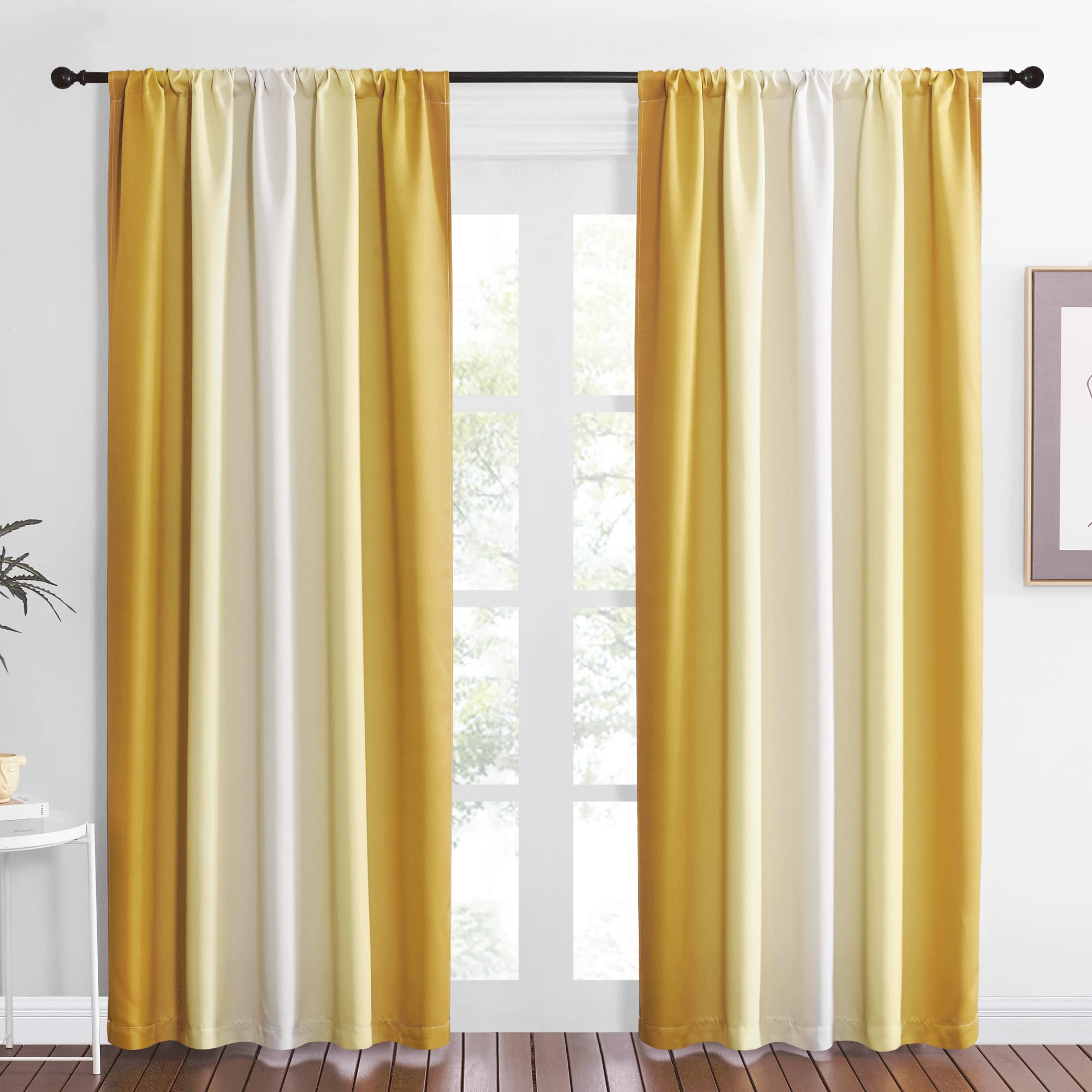 NICETOWN Parallel Gold Novelty Ombre Curtains for Kids Bedroom, Home Decoration Drapes for Living Room, Grommet Room Darkening Window Treatments Privacy Vertical Drapes, 104" Wide Total 2 Pieces