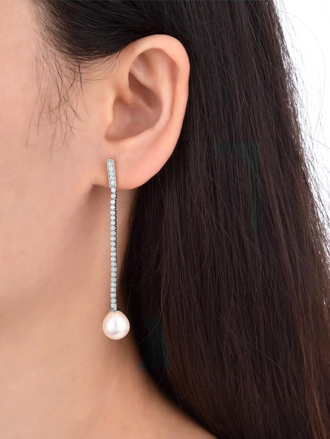 Sterling Silver CZ Pearl Drop Earrings For Women 8-9mm Natural Freshwater Pearl Cubic Zirconia Dangle Earring Wedding Party Jewlery Gifts