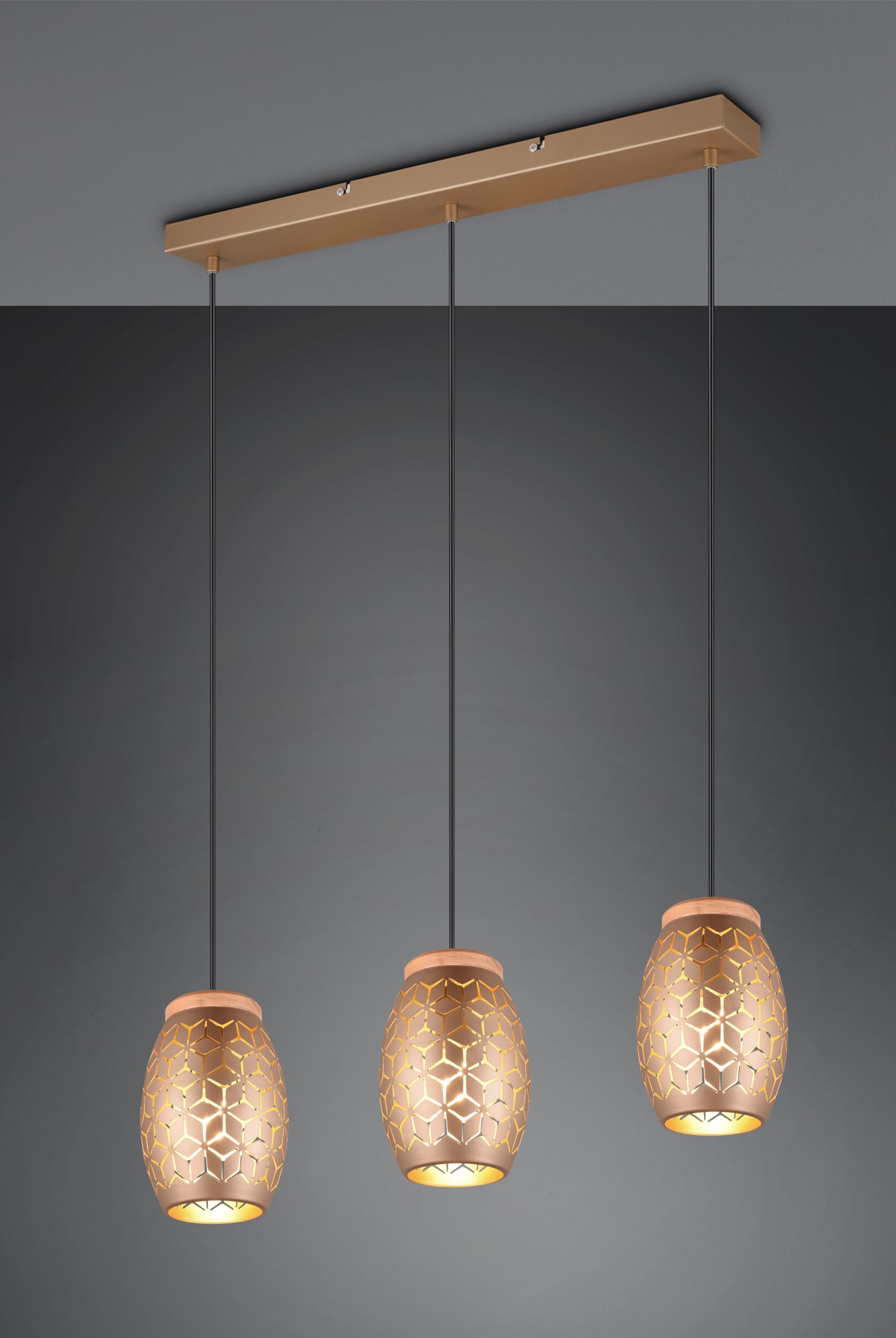 Reality Leuchten Pendelleuchte Bidar R31573065, Metall Coffee/Goldfarbig, Holz naturbelassen, exkl. 3x E27