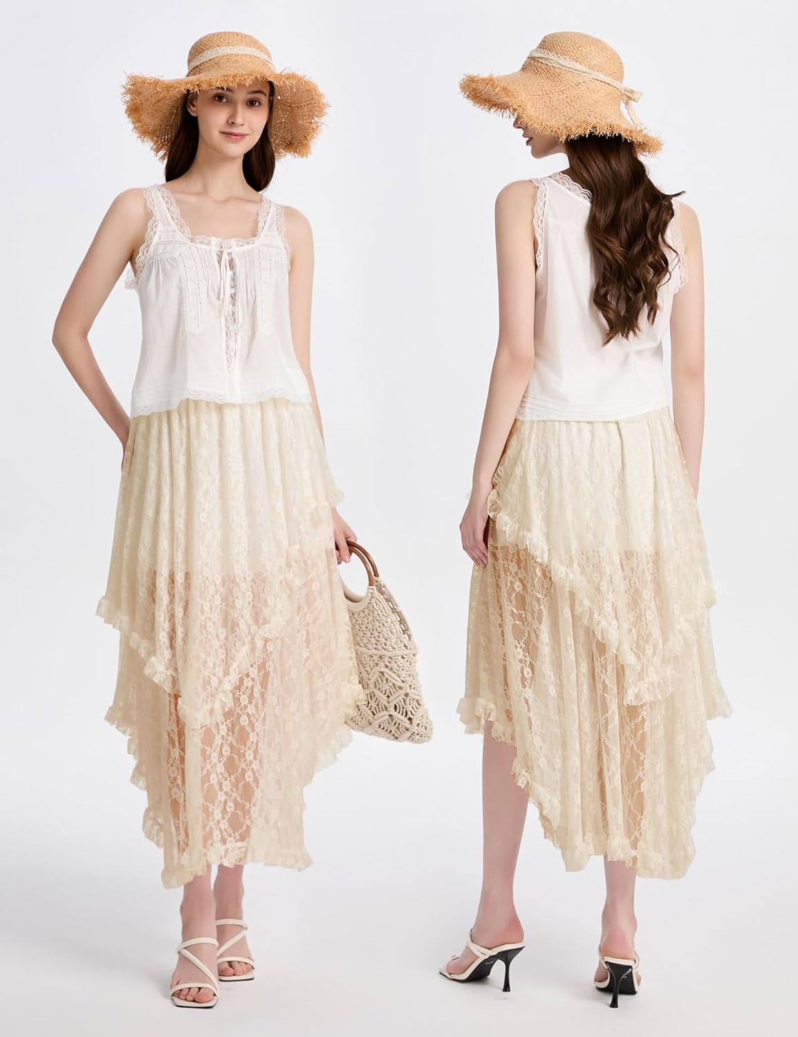 ROJZR Womens Lace Long Skirts Elastic High Low Asymmetrical Layered Hem Sexy See-Through Maxi Skirts Sheer Flowy Beach - Image 2