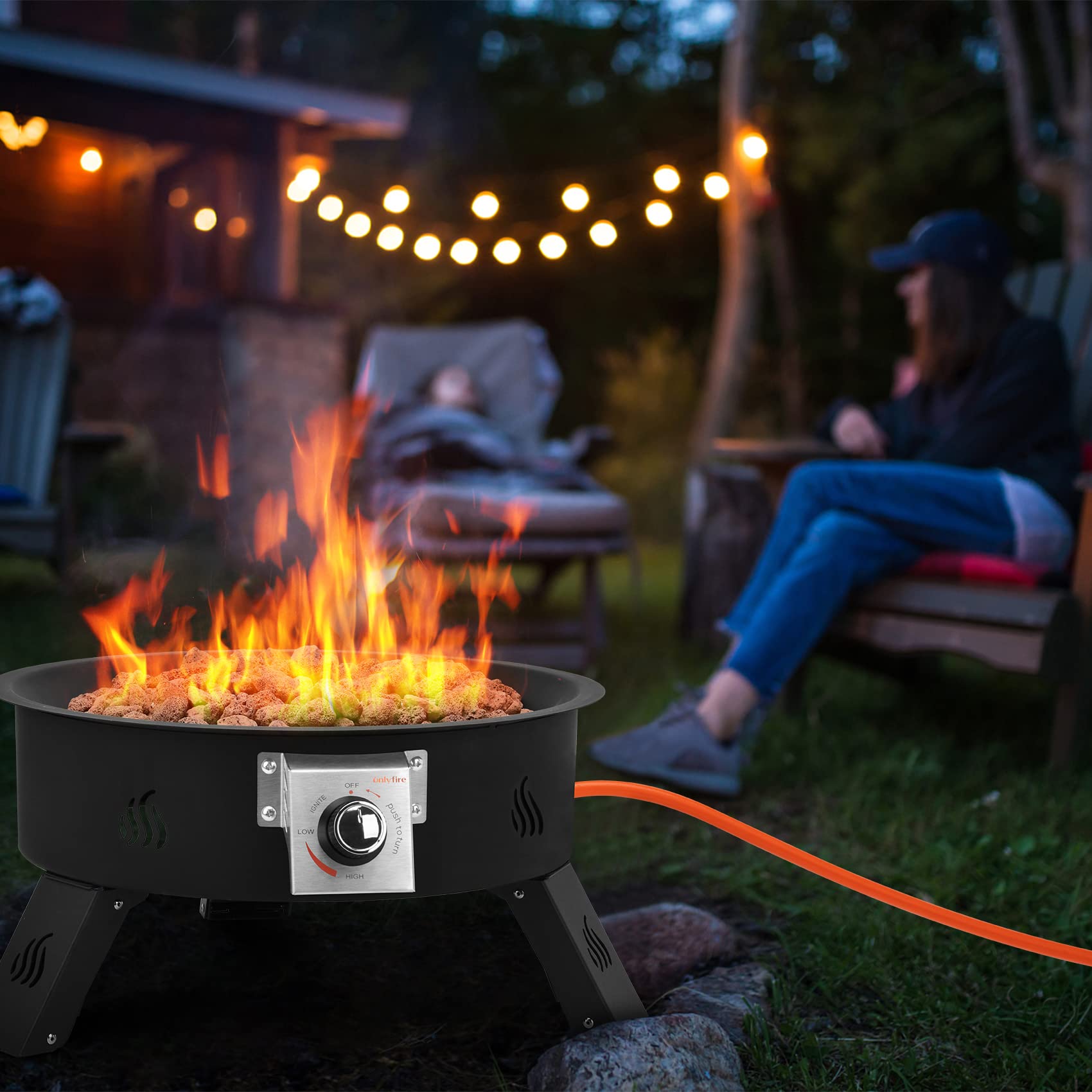Onlyfire Tragbare Gas-Feuerstelle mit 4kg Lavastein, Ø 49 cm Outdoor Feuerstelle Gas mit höhenverstellbarem Fuß, Feuerschalen für Camping Lagerfeuer Picknick Hinterhof