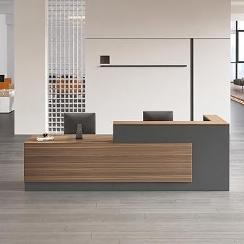 71" Modern L-Shaped Reception Desk with Counter, Drawer, Keyboard Tray & Storage Shelves, Left Layout, Dark Walnut