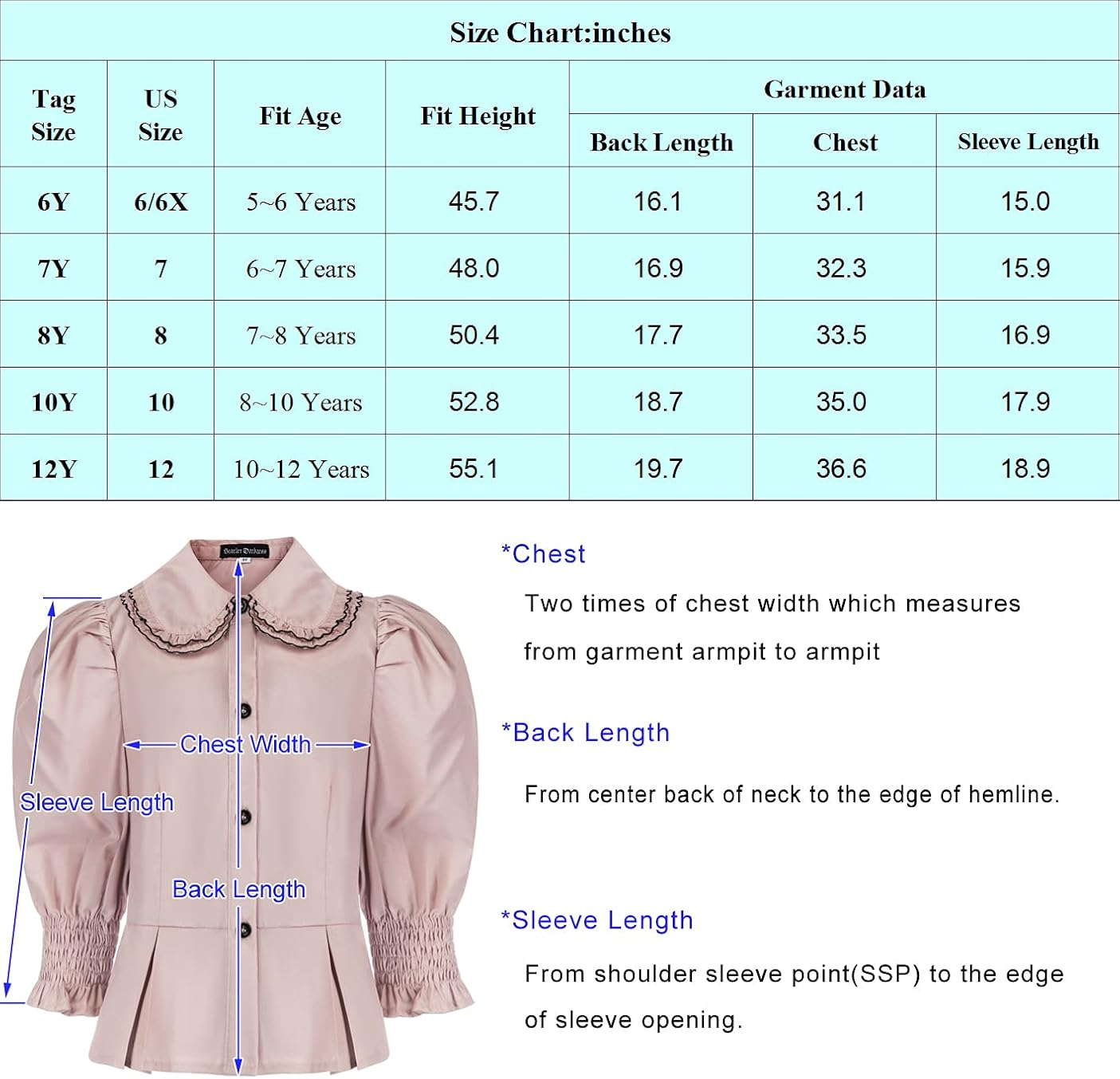 SCARLET DARKNESS Girls Shirt Size 6-12Y Button Down Puff Sleeve Victorian Blouse : Clothing, Shoes & Jewelry