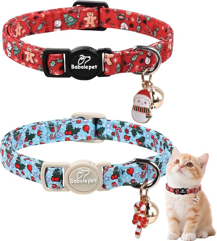 Coleira Ajustável para Gatos com Fecho de Segurança, Sino e Pingente Candy Cane e Snowman Babole Pet, Azul e Vermelha, Pacote com 2
