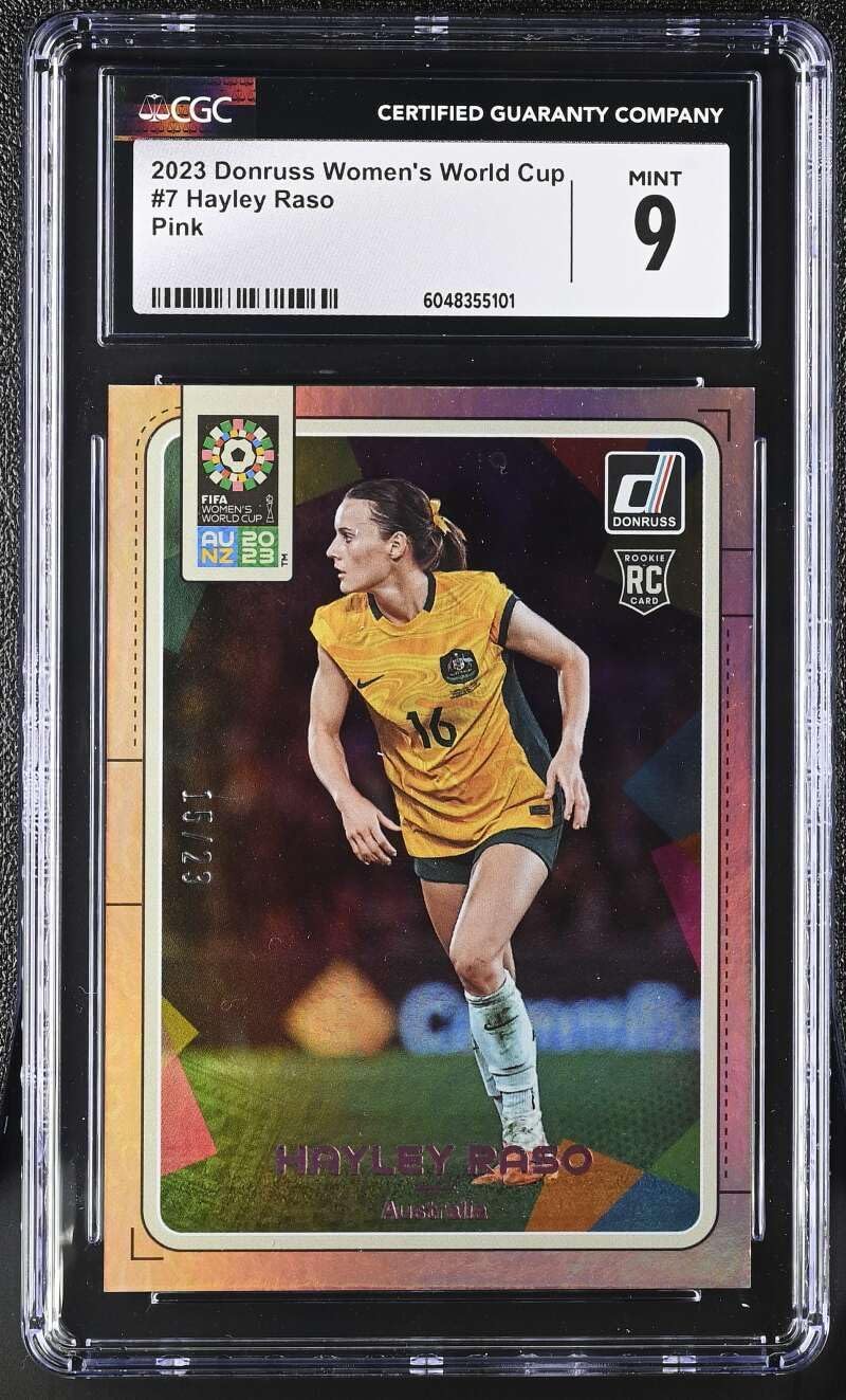 Soccer CGC 6048355101 Mint 9 2023 Donruss Women's World Cup Pink 7 Hayley Raso RC Rookie Card Professionaly Graded Trading Card