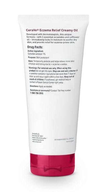 CeraVe Eczema Relief Creamy Body Oil, Eczema Calming Cream With Colloidal Oatmeal & Safflower Oil For Dry Skin & Itchy Skin Relief, Steroid Free & Paraben Free, 3.4 Ounce