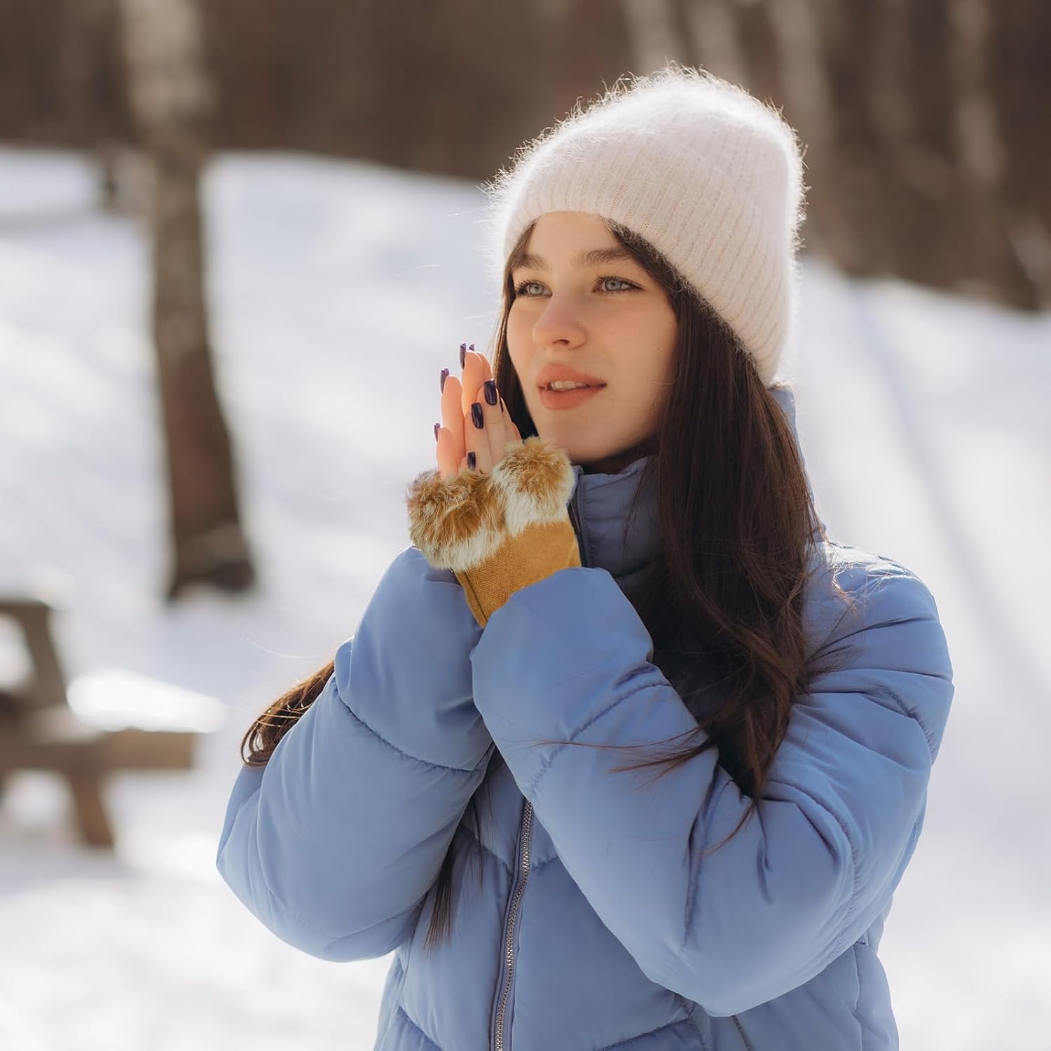 SATINIOR Women Fur Fingerless Gloves Winter Rabbit Fur Lined Half Finger Mittens for Women Girls Teen Working Writing - Image 6