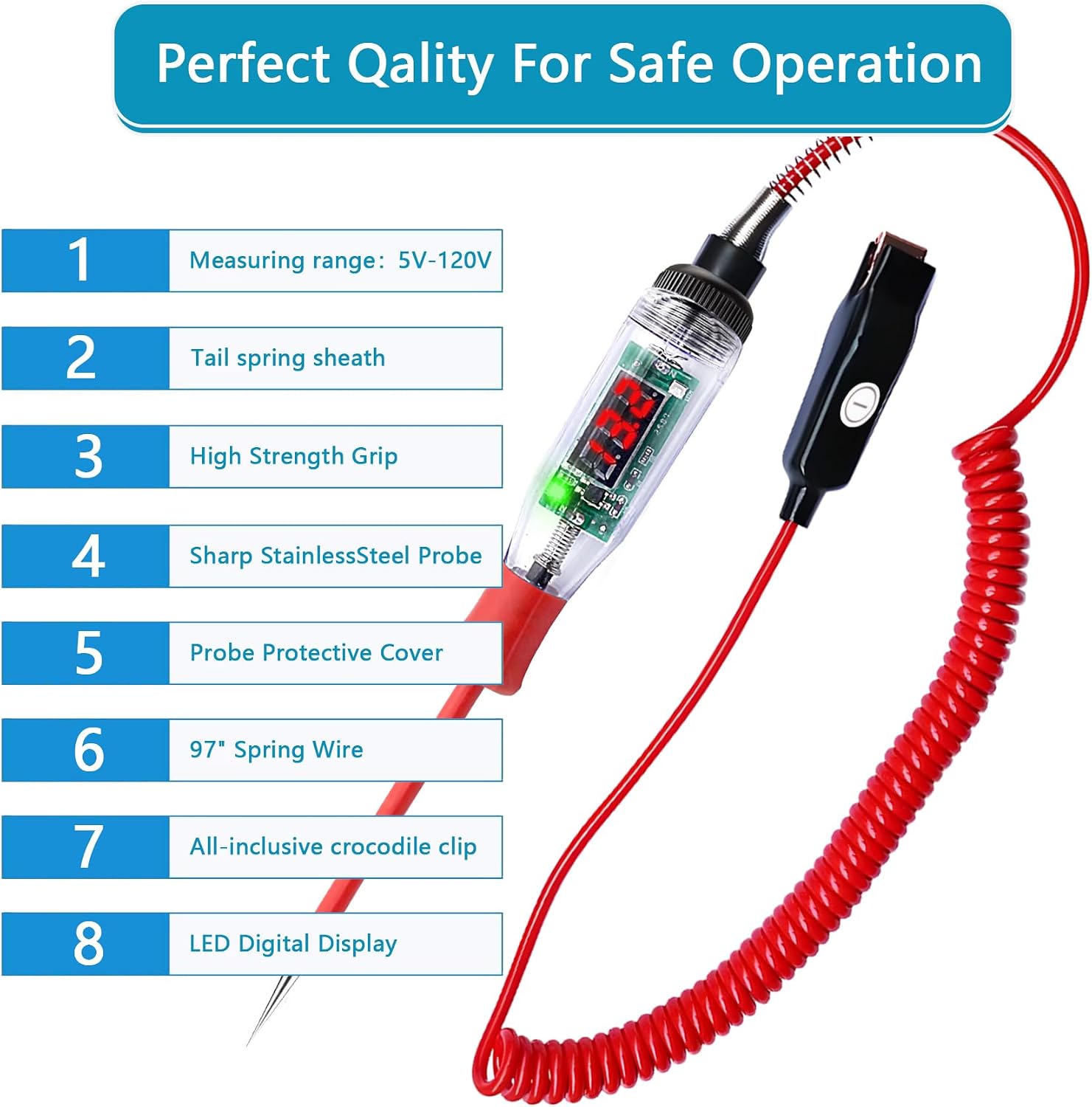 Test Light Automotive 5-120V Digital LED Circuit Tester with Voltage Display, Auto Bidirectional Voltage Tester, Electric Test Pen with Extended Spring Wire & Probe for Car RV Fuse Checker
