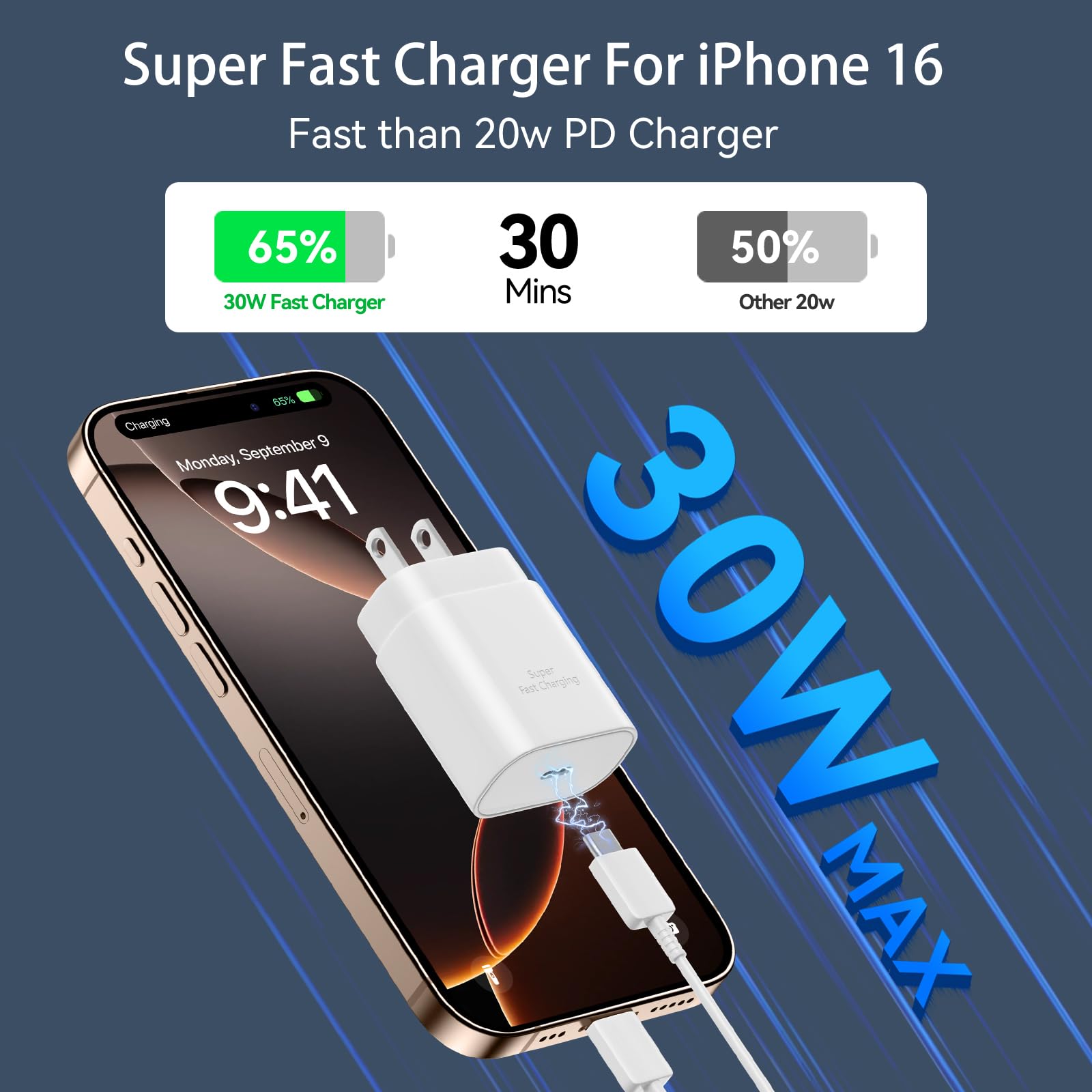 USB C iPhone 16 15 Charger Fast Charging Block, 30W iPhone 16/15 Pro Max USBC Charger with 10 FT Type C Fast Charging Long Cable Cord for iPhone 16 Pro Max/16 Pro/16e/16 Plus/15 ProMax/15Pro/15/S25/24