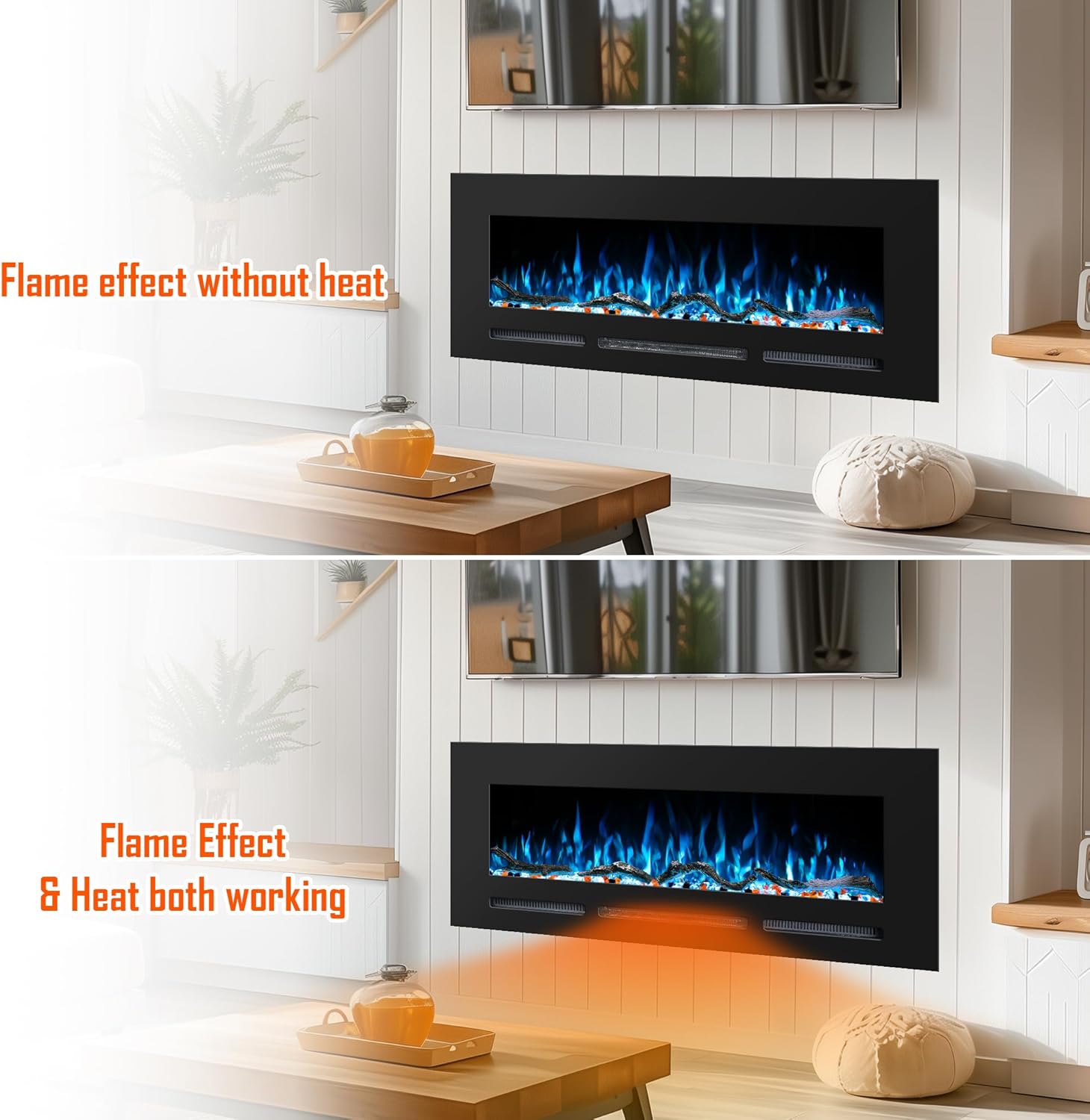 60" Electric Fireplace Wall Mounted and Recessed with Remote Control, Adjustable Brightness,13 Color Flames with Log &Crystal, 9H Timer, 750/1500W