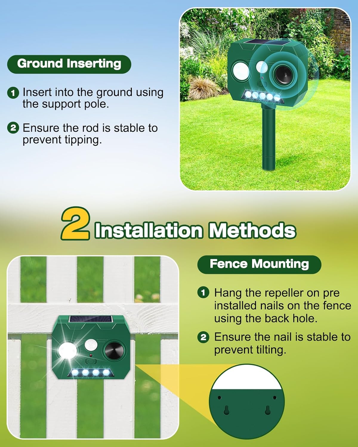 Solar Ultrasonic Animal Repellent Outdoor, 2 Pack Cat Repellent Outdoor Deer Repellent Devices with PIR Motion Sensor ＆ LED Flash, Waterproof Squirrel Repeller, Cat, Raccoons, Rabbits, Deer, Skunk