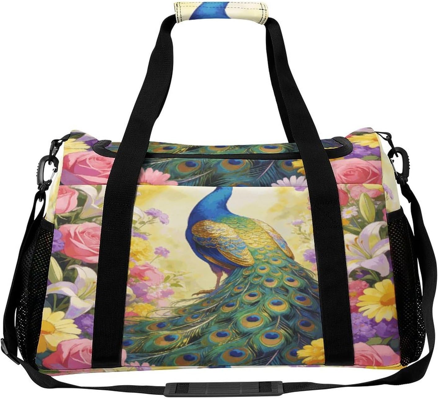 Colorful Peacock with Floral Background Weekender Bag Gym Bag
