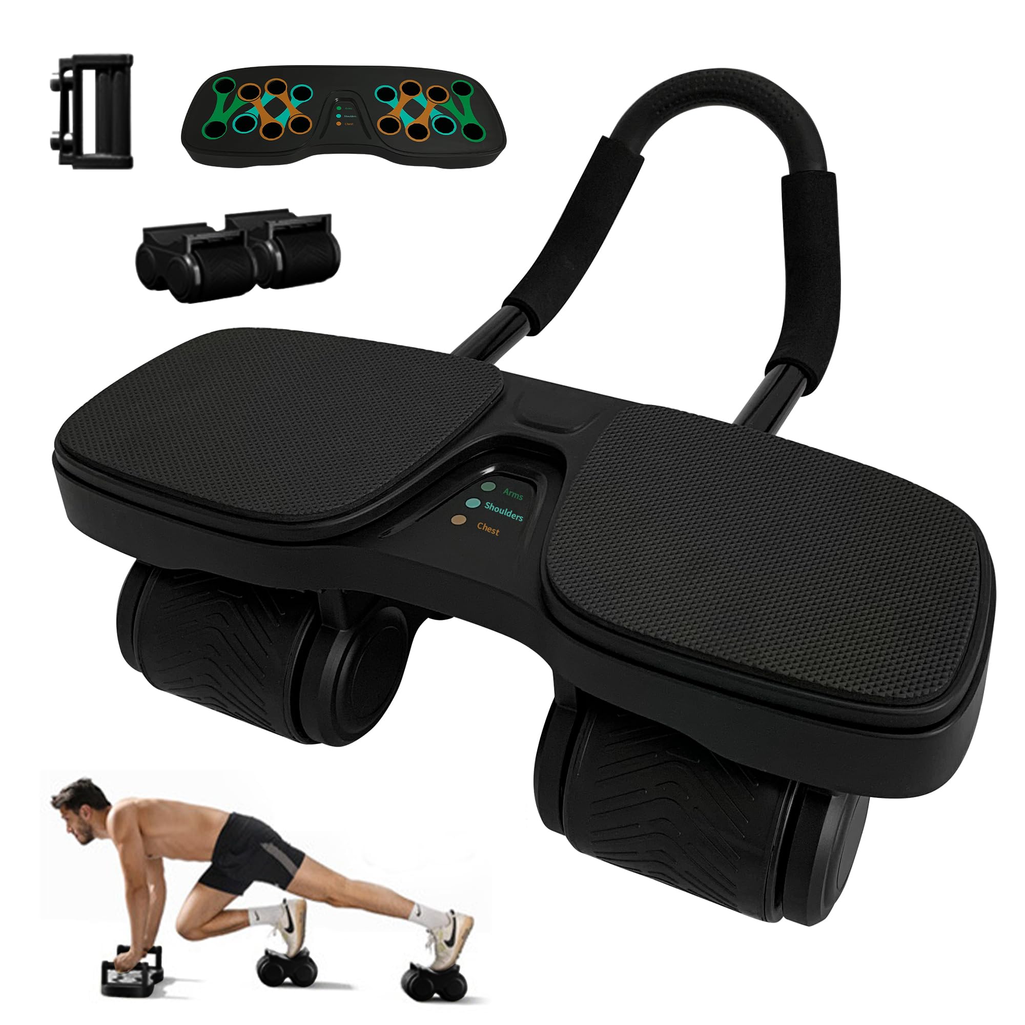 Rueda de ejercicio con retorno, rodillo de abdominales desmontable 4 en 1 para flexiones, tablas, escalador de montaña y modo de rodilla, incluye soporte para el codo y rodillera