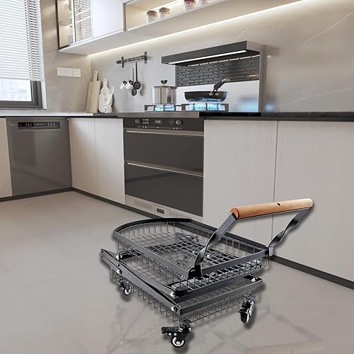 Miniatura 9 de Carrito plegable multiusos de 2 niveles, carrito de compras plegable móvil con caja de almacenamiento de ruedas y mango de madera para oficina, sala