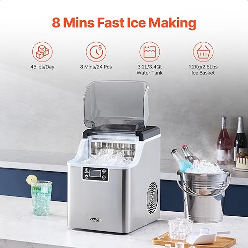 Vista 44 de VEVOR Máquina de hielo para encimera, 9 cubos listos en 6 minutos, 26 libras en 24 horas, máquina de hielo portátil autolimpiante con cuchara