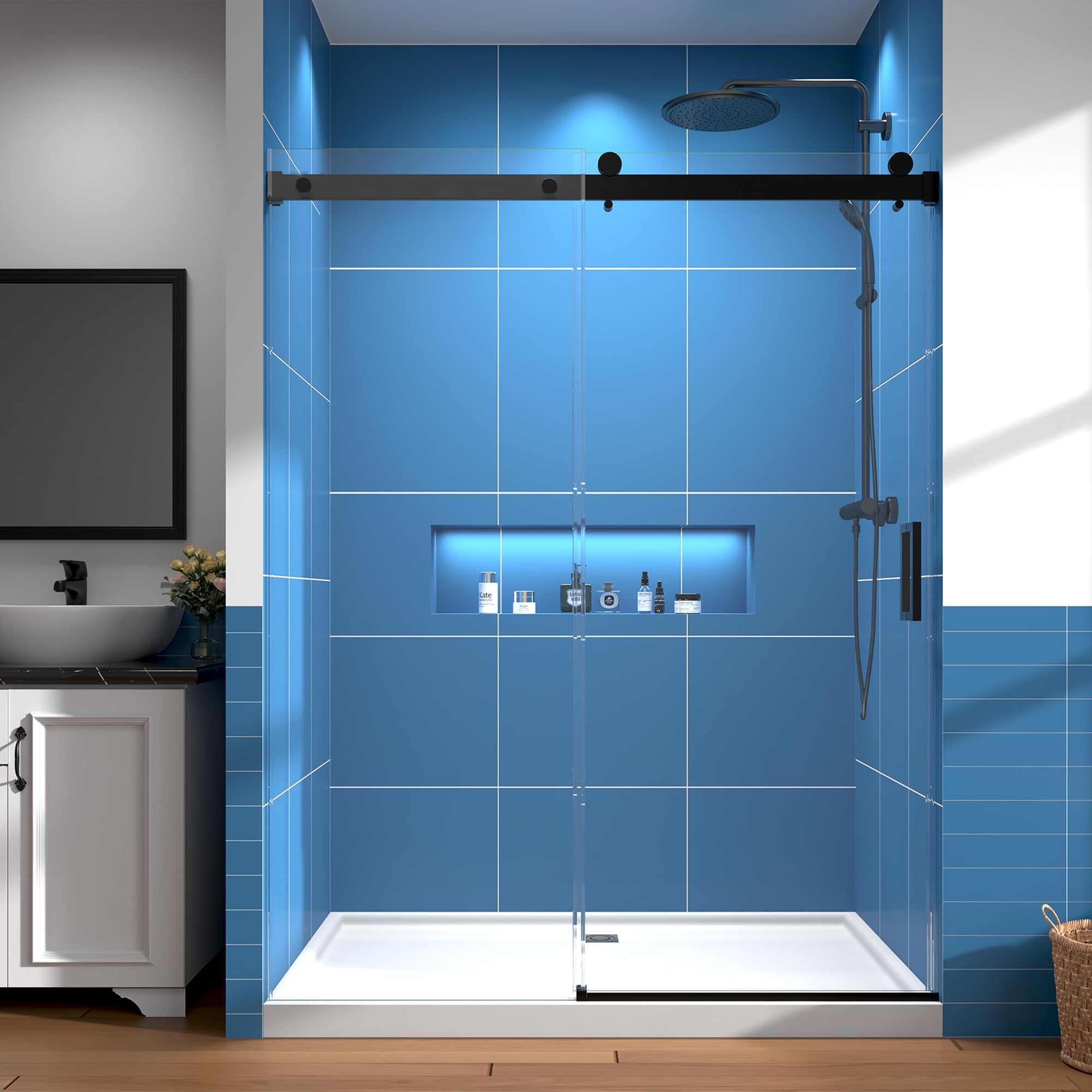 - 56-60" W × 76" H Frameless Shower Door, 1/4" (6mm) Tempered Glass, Sliding Glass Shower Door with Explosion-Proof Film Nano Coating, Stainless Steel Hardware, Matte Black