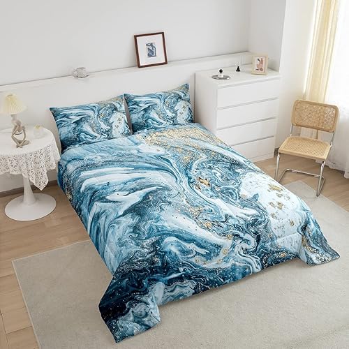 Miniatura 3 de Erosebridal Edredón de mármol azul y blanco, ropa de cama de lentejuelas doradas tamaño Queen, juegos de ropa de cama y colecciones con patrón