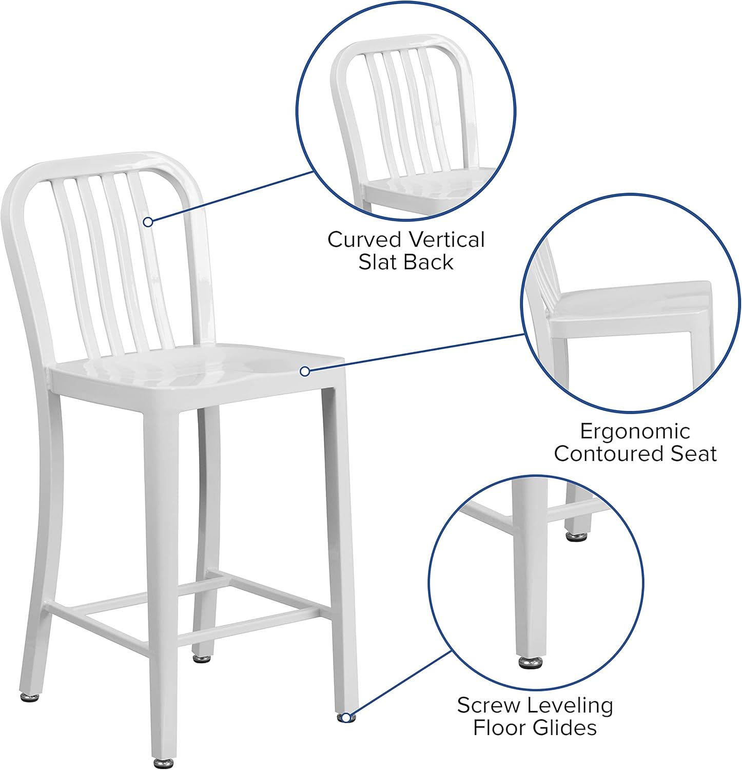 BizChair Commercial Grade 24" H White Metal Indoor-Outdoor Counter Stool w/Slat Back