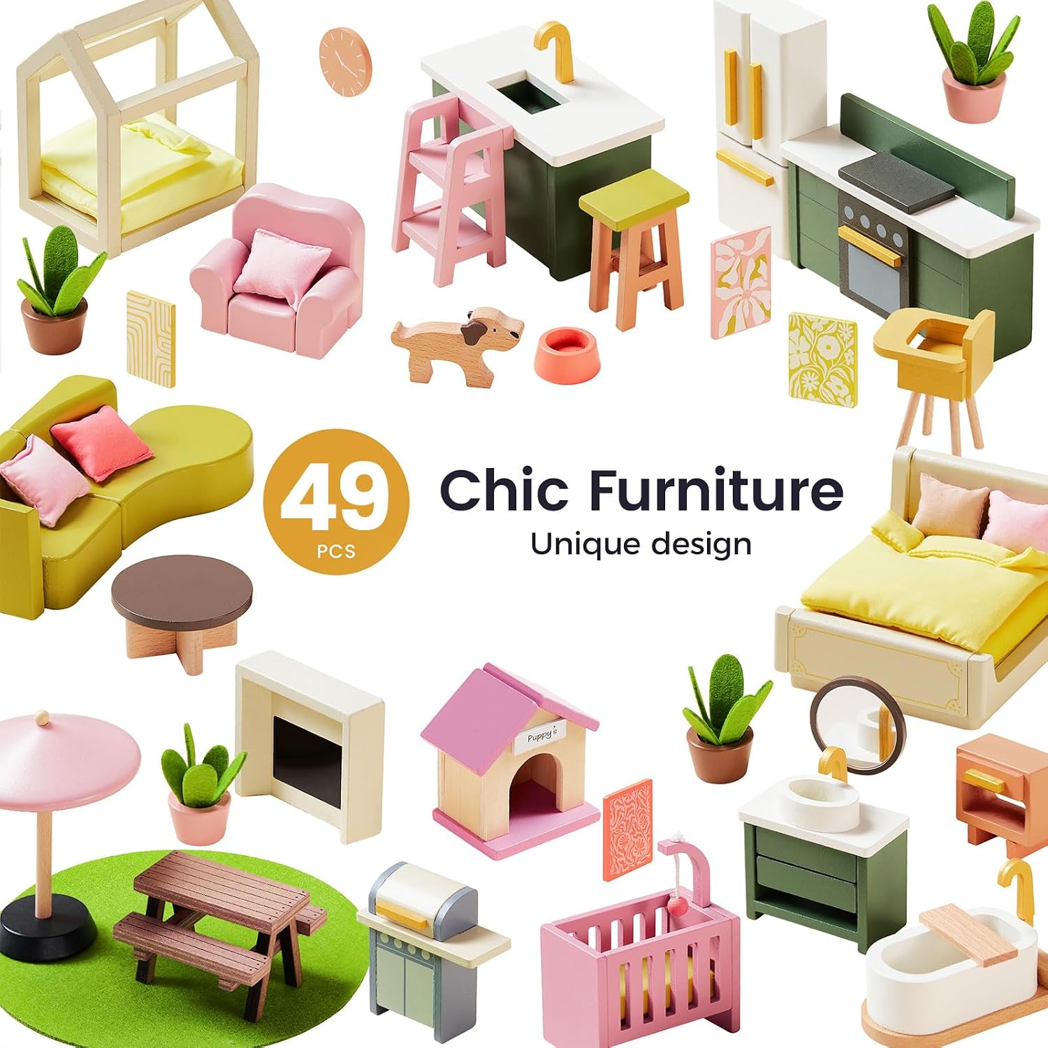 Tiny Land Wooden Doll House, Modern Family Dollhouse with Realistic Design, 7 Rooms Dollhouse with 49 PCS Accessories, Montessori Pretend Play Toddler Toy, Ideal Gift for Kids Ages 3+, Pink