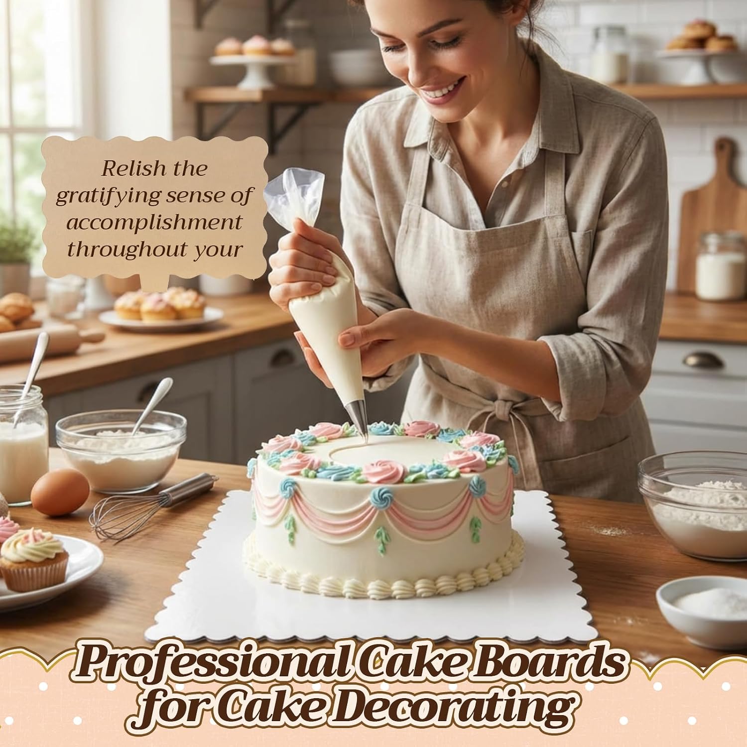 50 Packs 10 Inch Square Cake Boards Bulk White Wave Cake Boards Squares Base Food-Grade Cardboard Disposable Scalloped Cakes Plate for Wedding Birthday Pizza Desserts Parties Food Bottoms