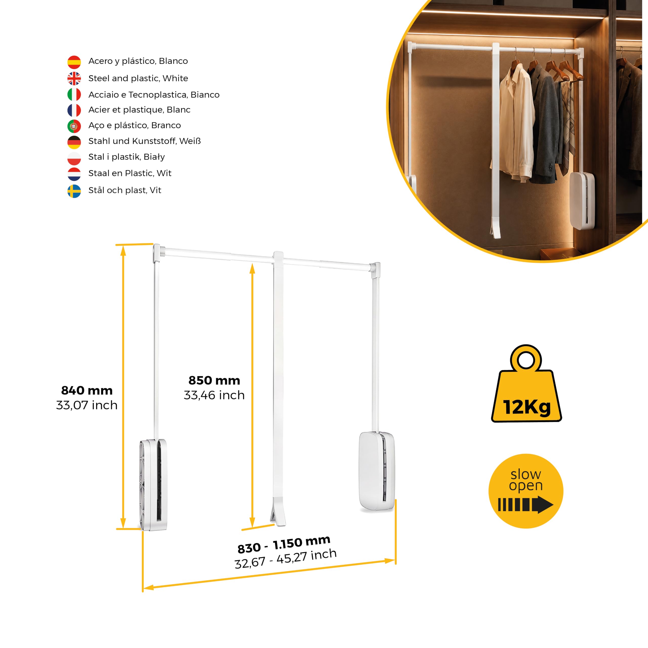 Emuca - Penderie rabattable pour armoire Sling, 830-1150mm, Plastique blanc, Acier et Plastique.