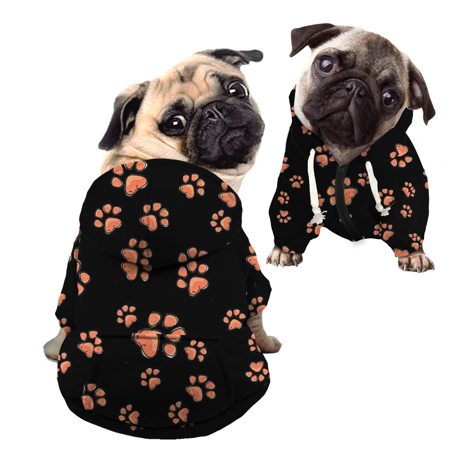 Kuiaobaty Dog Hoodies Clothes Orange Dog Paws Print Warm Autumn Sweatshirt for Puppy Small Dog, Black Hooded Pet Pullover Dog Shirts — image 1