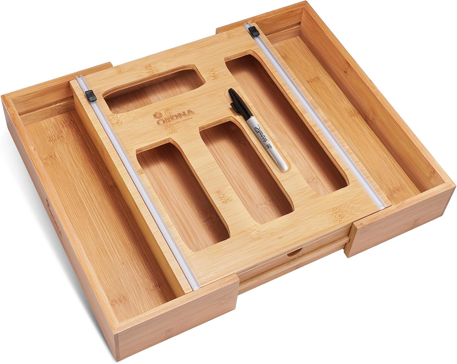 6 IN 1 Bag Organizer and Plastic Wrap Dispenser with Cutter for Kitchen Organization, Bamboo Food Storage Bag Organizer for Foil Plastic Saran Wrap Aluminum Baggie Quart Gallon Snack Sandwich